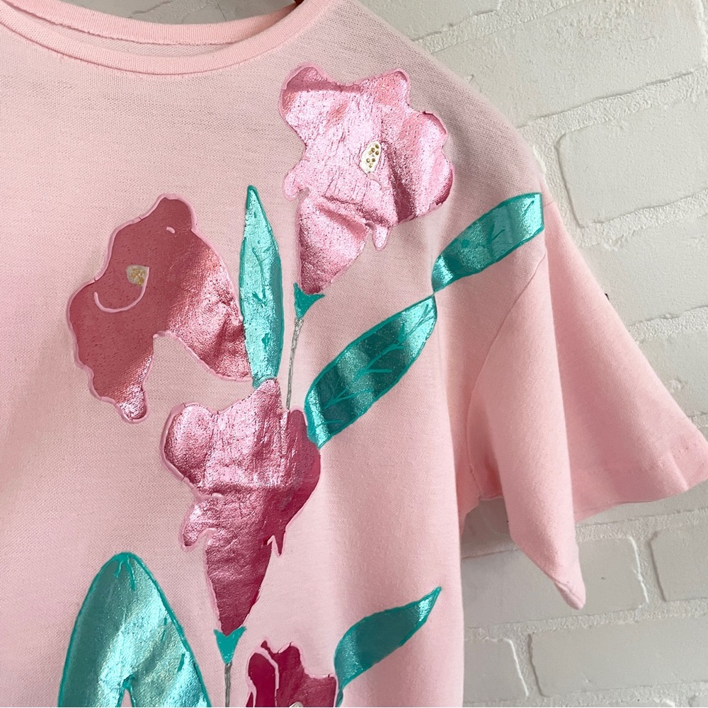 80s Artwear Graphic Appliqué Tee Iridescent Floral One Stitch Handmade Sz M - Picture 5 of 13
